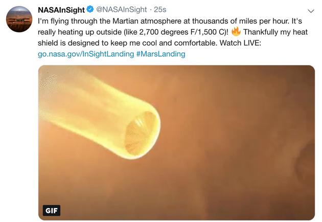 “洞察号”的推特账号发文说：我正在高速穿越火星大气层！此时它正承受8个G的过载，超过1500摄氏度的高温
