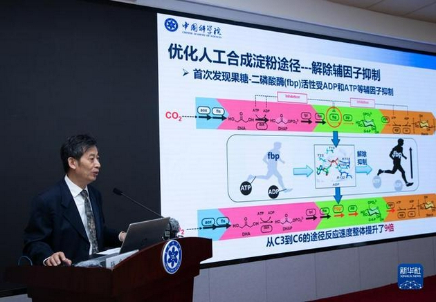 9月23日，中国科学院天津工业生物技术研究所马延和研究员在发布会上向媒体介绍研究成果。新华社记者 金立旺 摄