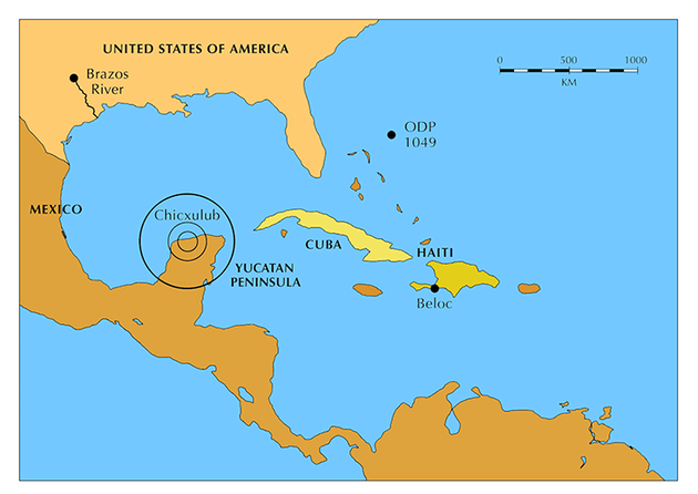 这张地图显示了各种影响证据的位置——布拉斯河的海啸床、海地的玻陨石、海洋钻探点，以及尤卡坦半岛上的火山口和周围的喷射物质。
