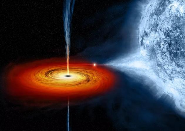 天鹅座X-1黑洞艺术概念图，正在吸食蓝星的物质