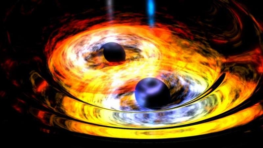 两个黑洞合并成一个。图片来源：NASA