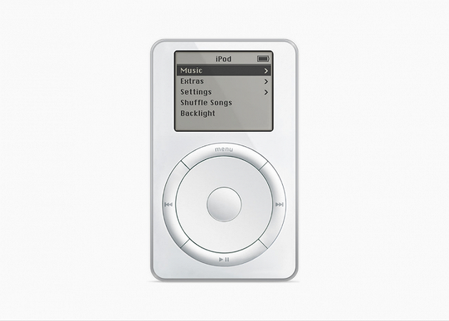 第一代iPod提供一块黑白屏幕、10小时续航以及标志性的滚轮设计｜图片来源：苹果