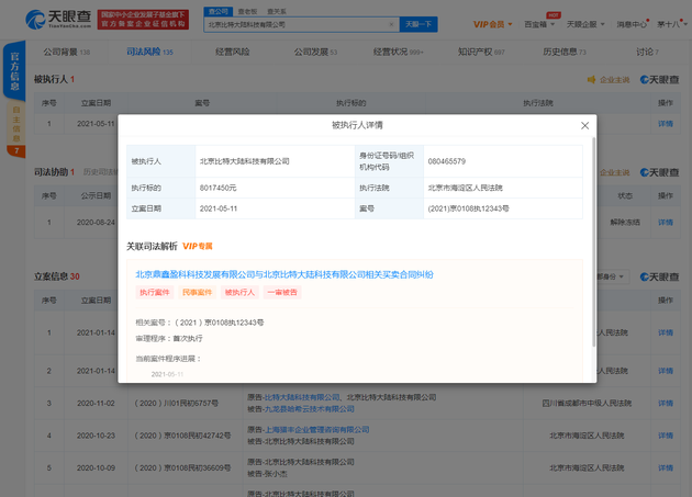 因买卖合同纠纷 比特大陆被强制执行801万