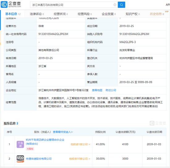 申通新投资大数据人工智能公司,注册资本1