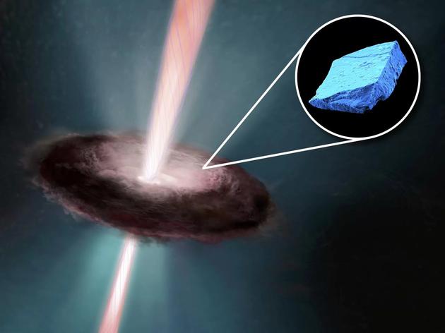 艺术家描绘太阳系早期气体云和尘埃盘，以及冰蓝色hibonites晶体，这是太阳系形成最早的矿物质之一。