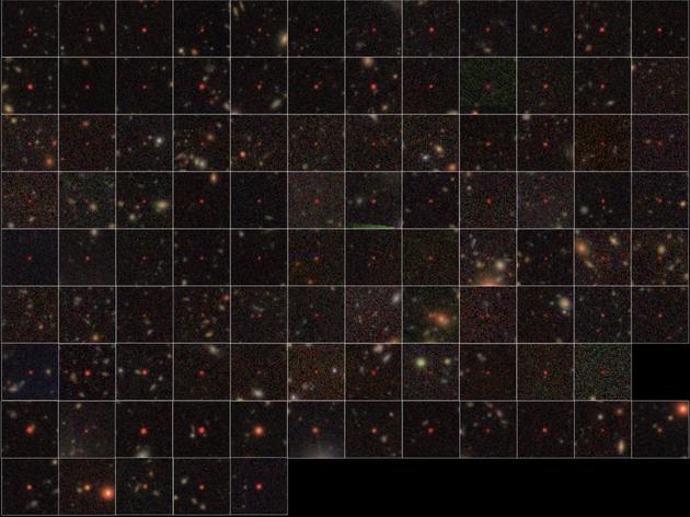 目前斯巴鲁望远镜现已勘测发现100个类星体，前七排是新发现的83颗类星体，底部两排之前发现的17颗类星体。