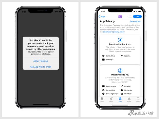 跟踪用户之前会先征求用户同意（左），App Store的隐私页面（右）
