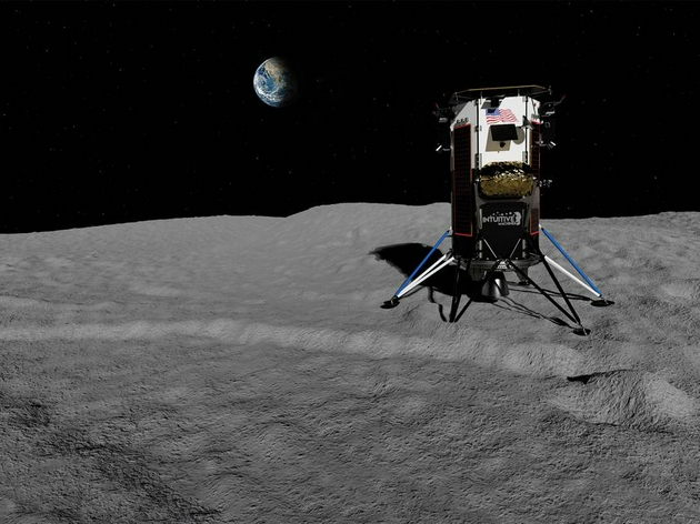 图为艺术家绘制的Nova-C登月飞行器在月球表面的概念图。不过这台重2240磅的航天器要到明年才会搭乘SpaceX公司的猎鹰9号火箭发射升空。