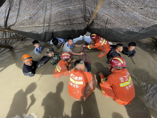 2021年7月6日上午，浙江台州海域12只鲸豚搁浅，现场救援人员正在竭尽全力抢救鲸豚。图/IC photo