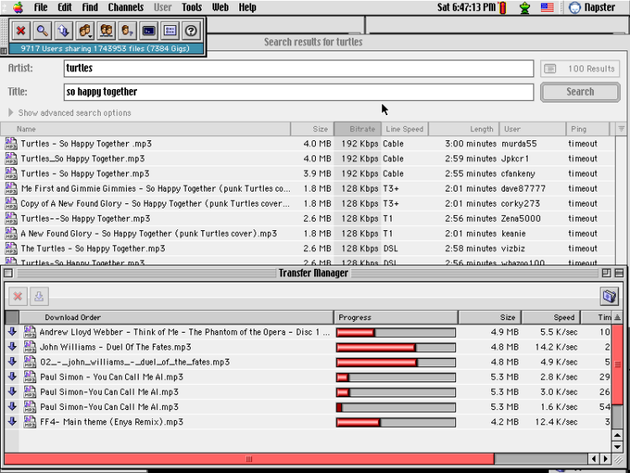 2001年3月，在Mac OS 9下运行的Napster 图源：wiki