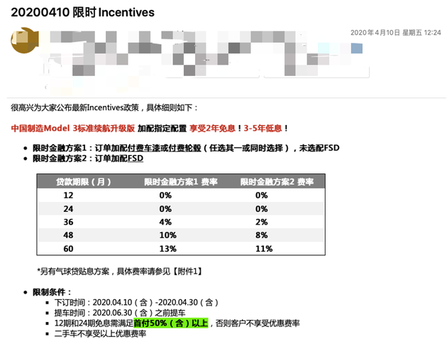 国产Model 3长续航上架后特斯拉提供针对标续的金融方案