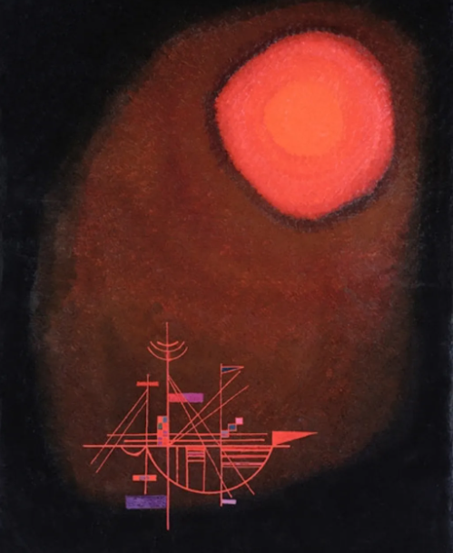 瓦西里·康定斯基的《船与红日》。这位艺术家在1913年评论称，原子分裂衰变的发现使“一切都变得不稳定、摇摇欲坠、易受影响”