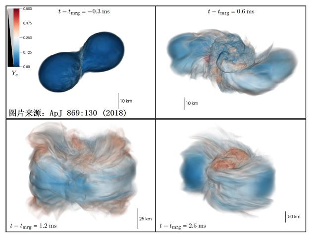图3：数值模拟的双中子星撞击，解体，并合过程。图片来源于Radice et al, ApJ 869:130 (2018)。