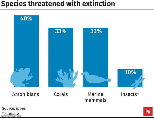 超过40%的两栖动物、超过三分之一的海洋动物、以及近三分之一的鲨鱼和鱼类都面临灭绝的威胁。与该报告同时发布的一项研究指出，在所有动物中，两栖动物灭绝的风险最高，远超出此前预期。