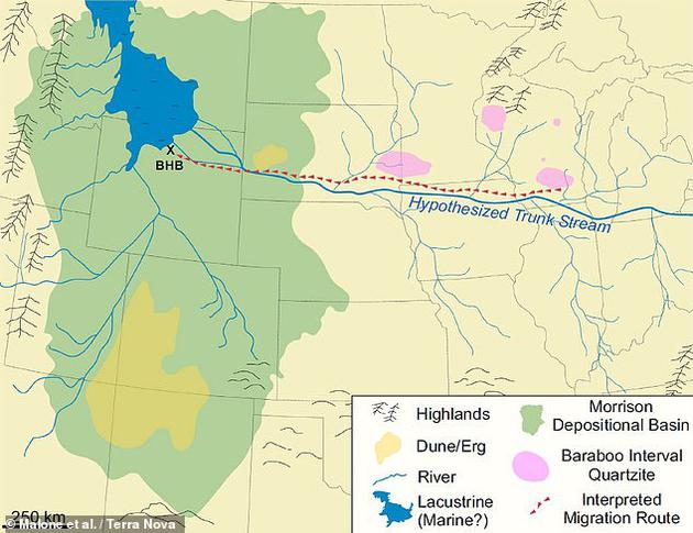 研究人员推测，蜥脚类恐龙可能是沿着一条河流（如上图所示）迁徙的，这条河流曾经从阿巴拉契亚山脉向西流向怀俄明州。尽管这条河流无法承载这些巨石，但它可能还是为恐龙开辟了一条可供遵循的路线。