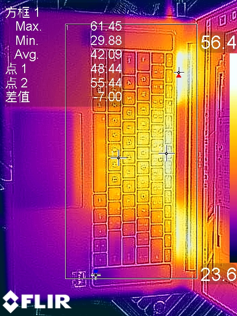 双烤20分钟后，笔记本键盘表面温度