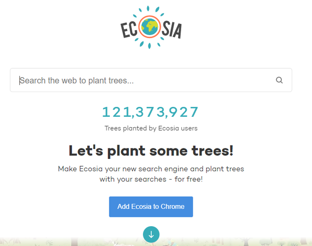 Ecosia的首页，搜索框下会滚动显示实时种树数量|网页截图