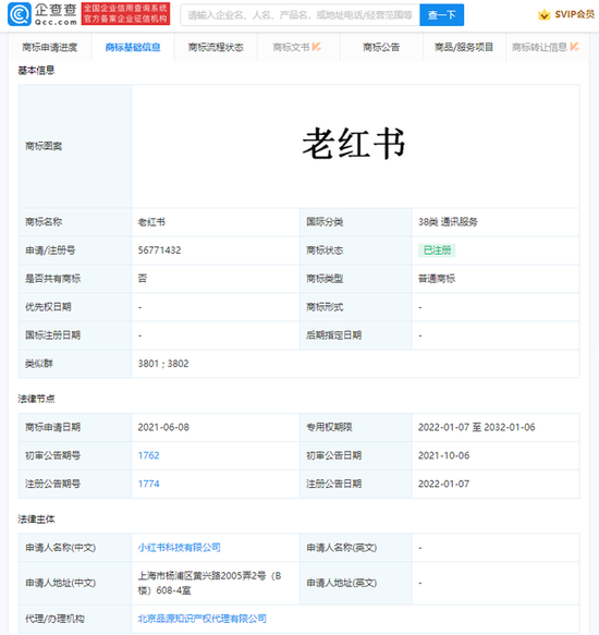 小红书通讯服务类老红书商标获批