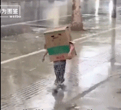 孩子戴着纸盒子在雨中走路-搞笑gif动态图片-izike