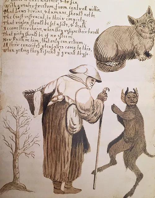 一个寡妇和她的猫以及恶魔。1621年英国北约克郡的女巫案件致使多名女巫和她们的猫被杀死。图源：Courtesy Mary Evans Picture Library