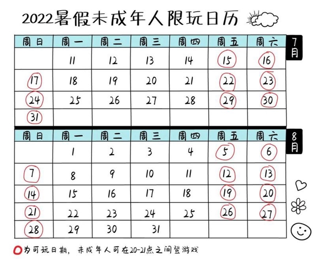 ▲腾讯游戏2022暑假期间未成年人限玩日历