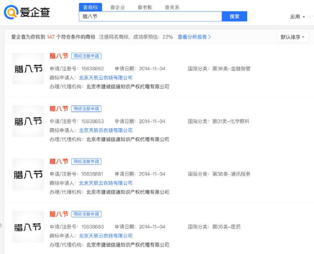 爱企查显示：“腊八节”相关商标已被申请注册