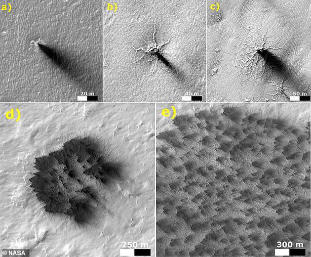 火星春季表面出现的沟槽被称为“蜘蛛”，因为它们看起来颇似蛛形纲动物，最新研究现已证实长期以来被怀疑的理论，这些结构是由阳光照射使火星干冰变暖并使二氧化碳汽化造成的，碳羽流产生的沙土颗粒喷射到空中再降落时会形成类似树枝状结构，这些蜘蛛图案跨度超过1000米