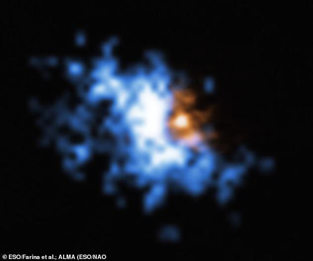 一组国际研究人员利用位于智利的甚大望远镜捕捉到了环绕在星系中心类星体周围的“黑洞食物”的图像。。这张图片显示的是用欧洲南方天文台甚大望远镜上的多单元光谱探测器新观测到的一个气体晕，与另一架望远镜获得的星系合并的旧图像叠加在一起