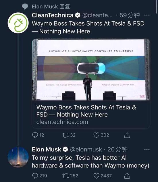 Waymo CEO 否定特斯拉 Autopilot 自动驾驶计划，马斯克回怼