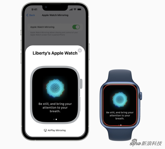 通过Apple Watch Mirroring，用户可以使用配对的iPhone控制Apple Watch，使用iPhone的辅助功能。