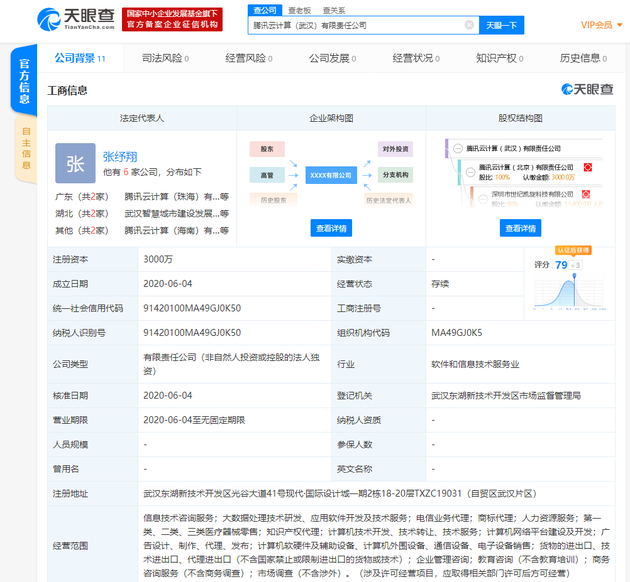 腾讯云计算在武汉成立全资子公司，注册资本3000万