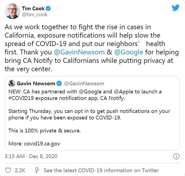 苹果和谷歌研发的新冠联系人追踪程序“CA Notify”加州正式上线
