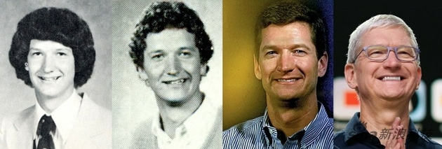 自左至右，Tim Cook：1978、1982、未知和 2020
