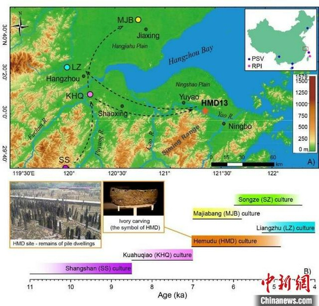 宁绍平原地区新石器文化遗址分布（A）及持续时间（B）。中科院古脊椎所 供图