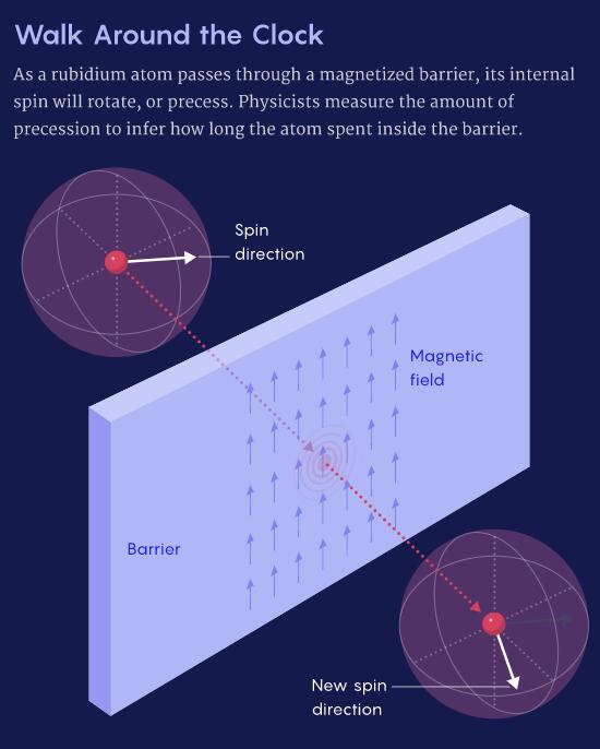 当一个铷原子穿过一个磁势垒时，它的自旋会发生进动。物理学家通过测量这种进动，获得了该原子在势垒内部停留的时间。