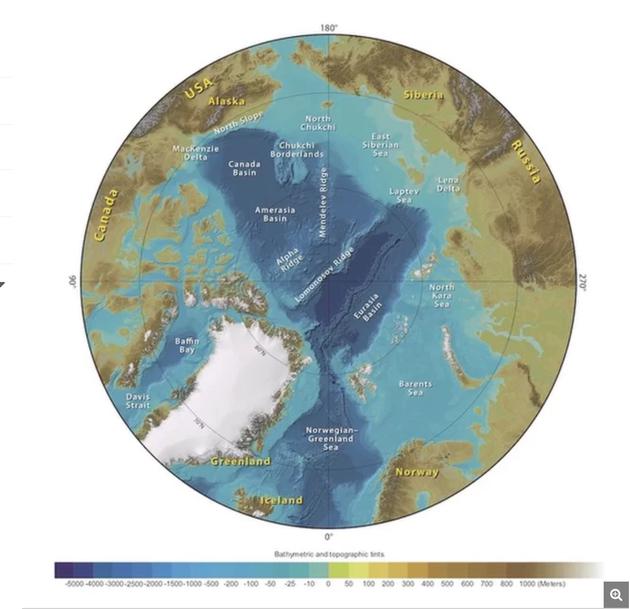 北冰洋地区周边国家和海底地形示意图