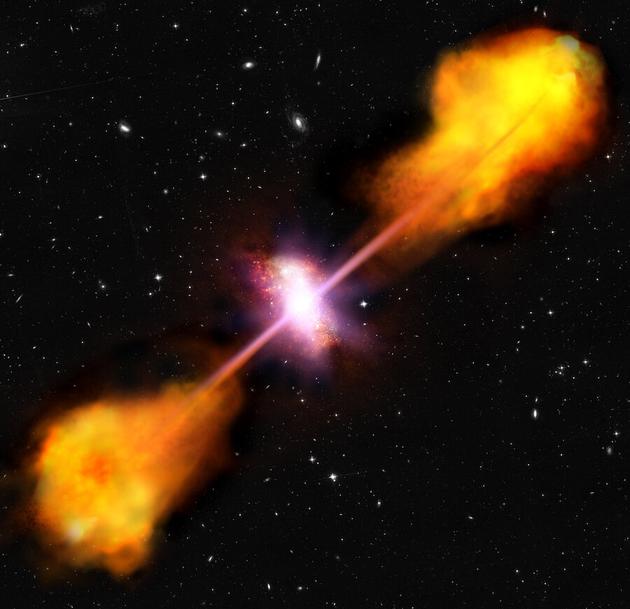 一个具有活跃星系核的星系（想象图），中心为超大质量黑洞。当黑洞吞噬物质时，两股强大的喷流就会在黑洞的边缘形成。这些喷流形成了巨大的“射电云”，可以被射电望远镜探测到