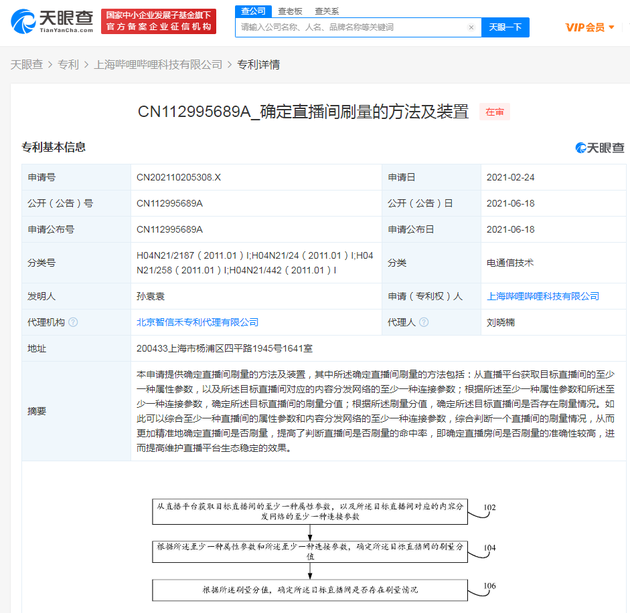 B站公开确定直播间是否刷量相关专利 可判断是否刷量