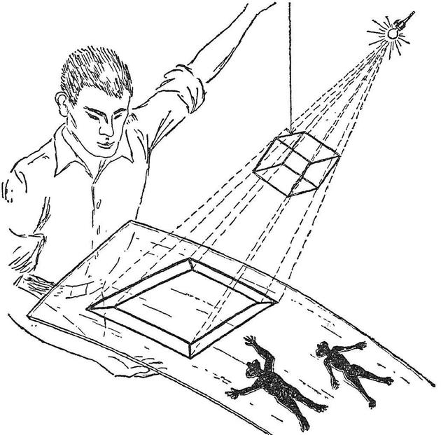 二维生物惊讶地望着三维立方体投射在他们生活的二维面上的影子