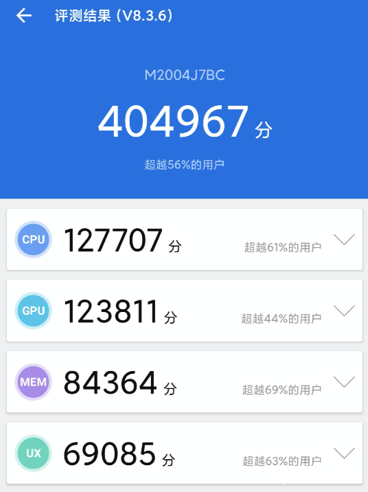 Redmi 10X工程机安兔兔跑分