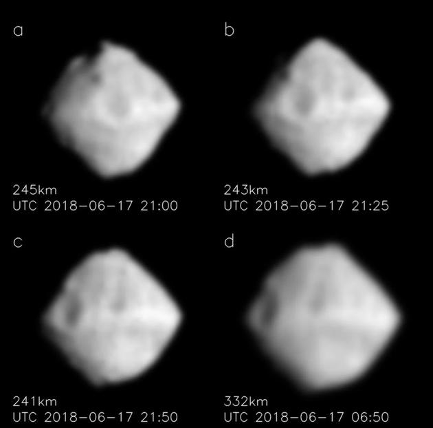 在2018年6月17日~18日，“隼鸟2号”拍下这几张图像。图像中可以明显看到“龙宫”小行星地表存在一个较大的撞击坑，估测直径大约200米。还可以观察到“龙宫”存在自转，周期大约7.5小时