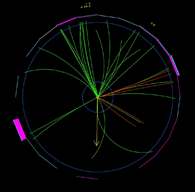 费米实验室CDF探测器的粒子碰撞计算机图像,显示了一个W玻色子衰变成一个正电子(左下洋红色块)和一个看不见的中微子(黄色箭头)。
