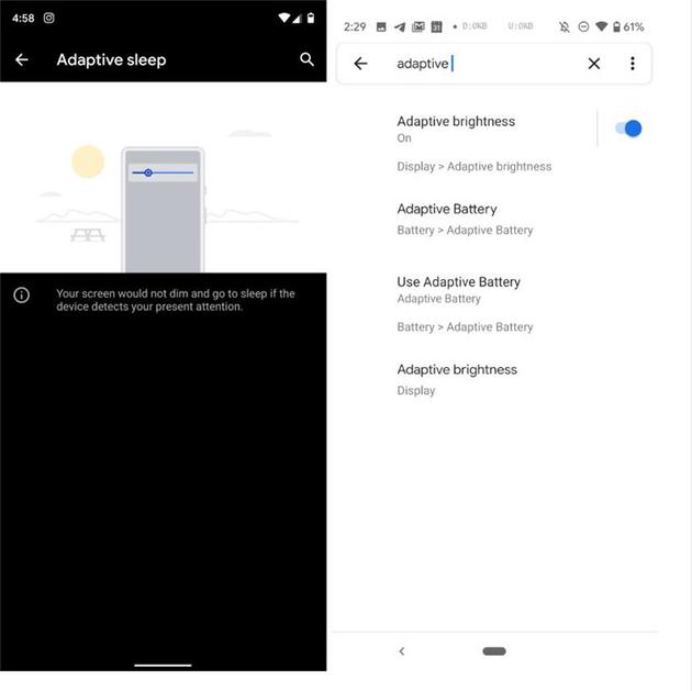 ▲左：自适应睡眠；右：没有此功能的另一款Android Q Beta 3手机