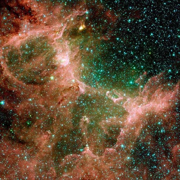 斯皮策太空望远镜（Spitzer Space Telescope）拍摄的天鹰星云。来源：NASA/JPL-Caltech/ Institut dAstrophysique Spatiale