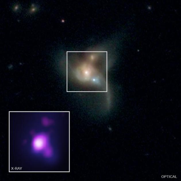 多个望远镜捕捉到的SDSS J084905.51+111447.2星系系统的图像。这是一个由三个合并的星系组成的系统，距离地球约10亿光年。一项新的研究报告称，该星系中有三个正处于碰撞过程中的超大质量黑洞