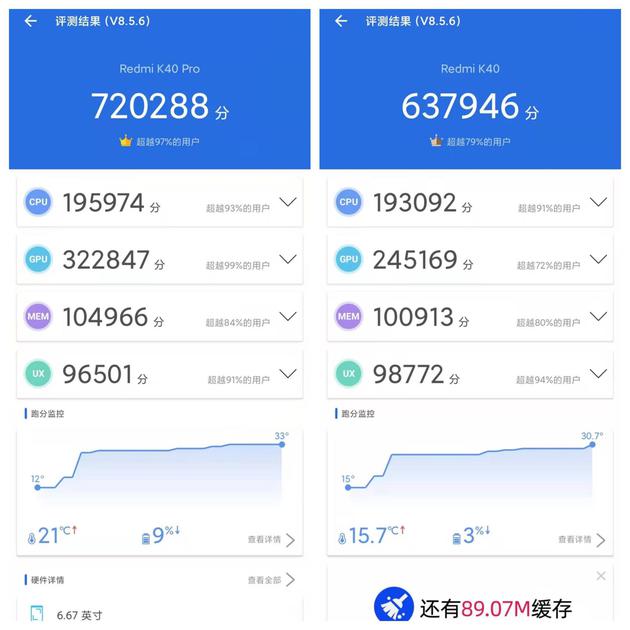 左边K40 Pro，右边K40，骁龙870和888似乎没有预期差那么多