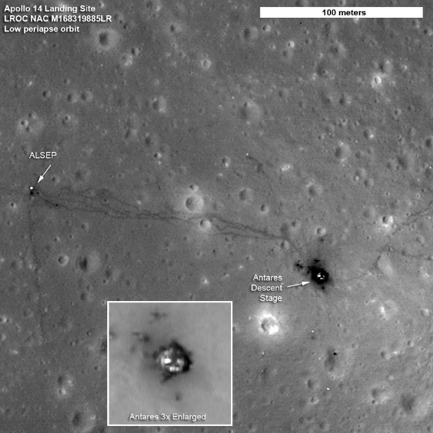 阿波罗14号的登月遗址至今仍完好无缺。月球表面的变化速度非常缓慢，1971年至今几乎没有任何变化。