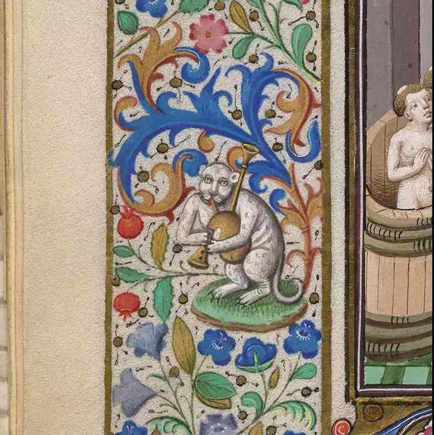 图中的猫在吹风笛，这是大约在1640年巴黎的一本时辰书里的一幅画。也许是邪恶的猫的哭声让这位艺术家想起了管乐的声音。图源：The Pierpont Morgan Library