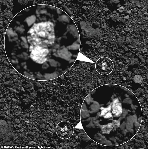 NASA拍摄的小行星“贝努”的图像显示，它的表面还有另一颗小行星的碎片，而且“极其明亮”。这些碎片来自灶神星（Vesta），大小从1.5米到4.3米不等，散布在贝努的南半球及其中心附近。
