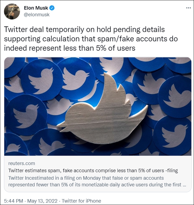 马斯克表示要暂停对推特公司的收购